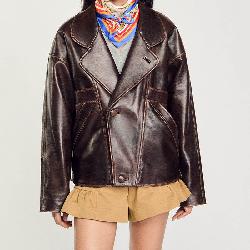 Damen Kurz geschnittene Oversize-Lederjacke mit Rundkragen und Pattentaschen Drune