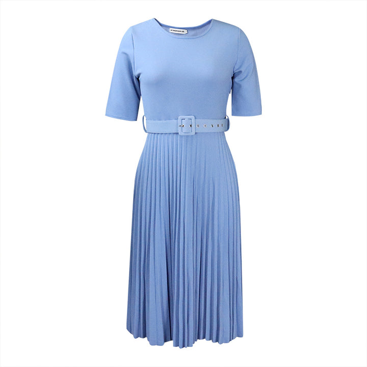 Damen Plissiertes Kleid mit Taillengürtel und kurzen Ärmeln Drune