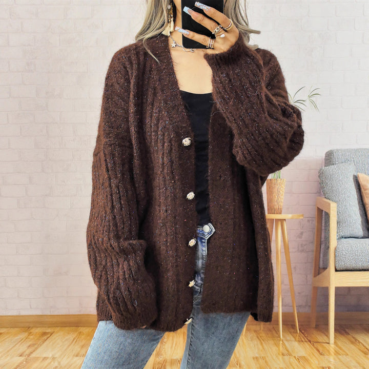 Damen Grobstrickjacke mit modischen Knöpfen und lässigem Schnitt Drune
