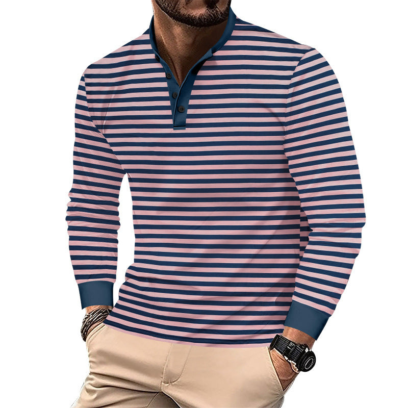 Herren nan gestreiftes Langarm-Henleyshirt mit Stehkragen, schmaler Passform und elastischem Baumwollmix Drune