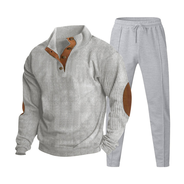 Herren Strukturiertes Henley-Loungewear-Set mit Ellenbogen-Patches & tapered Jogginghose Drune