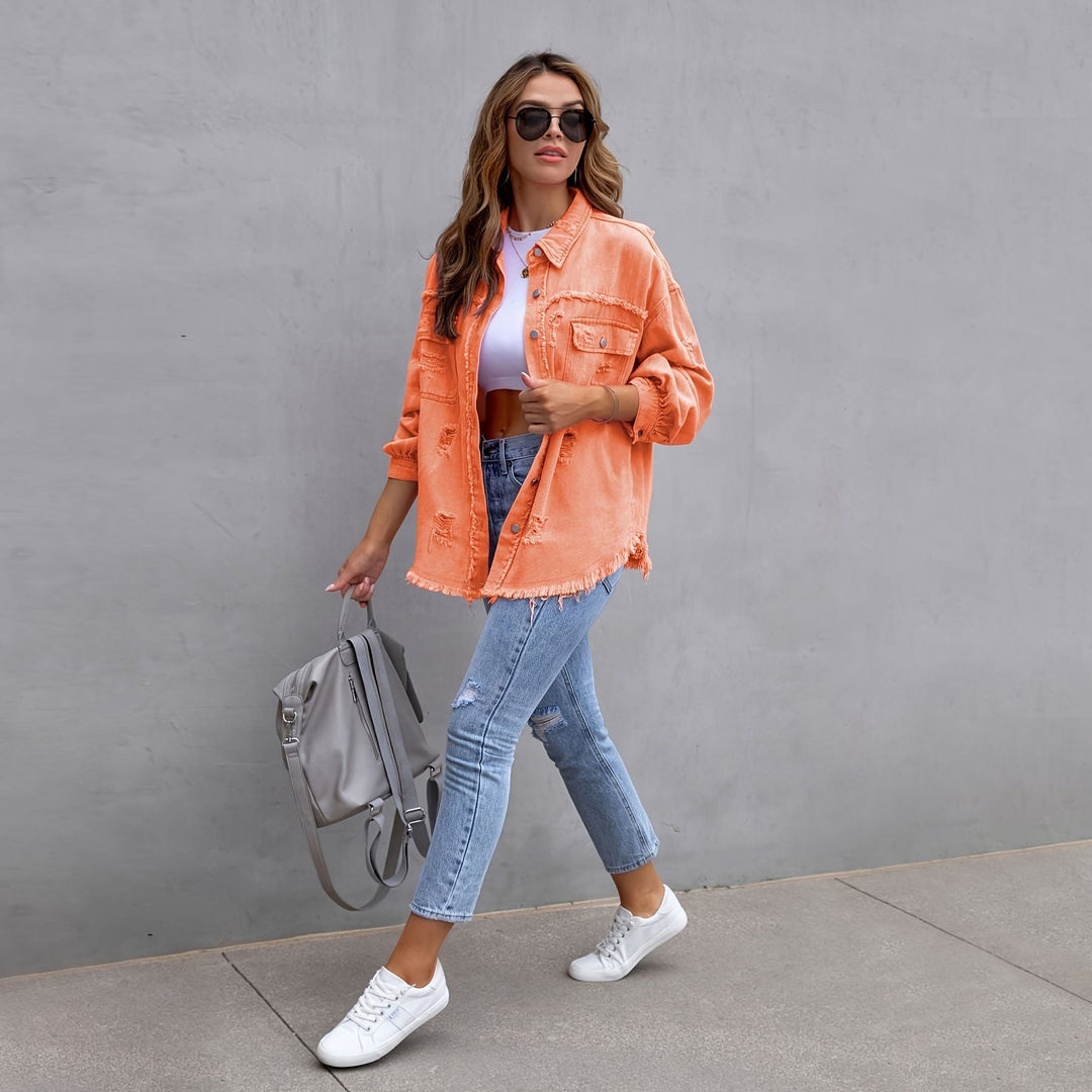 Damen oversized Jeansjacke mit fransigen Säumen und aufgesetzten Taschen Drune