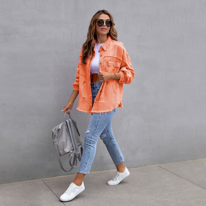 Damen oversized Jeansjacke mit fransigen Säumen und aufgesetzten Taschen Drune
