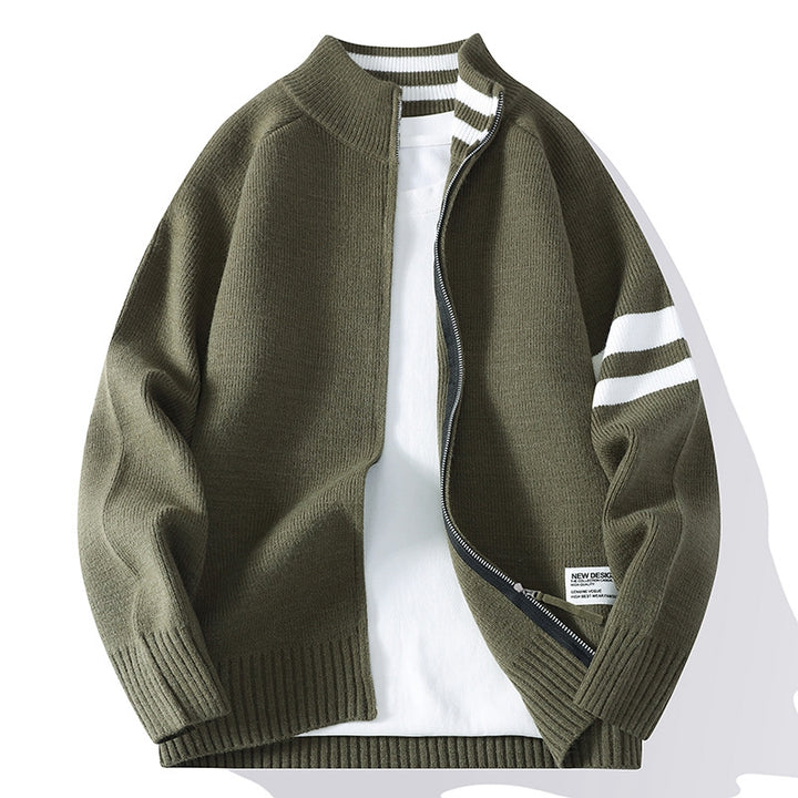 Herren nan gestrickte Zip-Cardigan im College-Stil mit gestreiftem Ärmelband und geripptem Stehkragen Drune