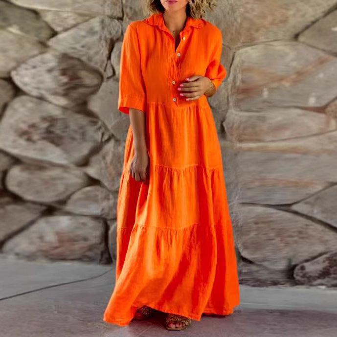 Damen nan langes Hemdblusenkleid mit geraffter Taillennaht, dreiviertelärmeln und stufigem Volantrock Drune