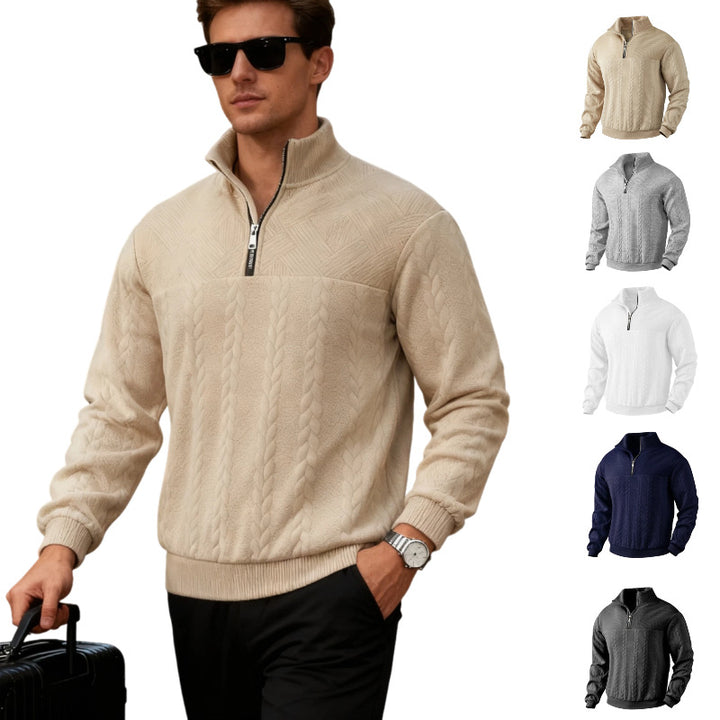 Herren Grobstrick-Halbzip-Pullover mit Zopfmuster und Stehkragen Drune