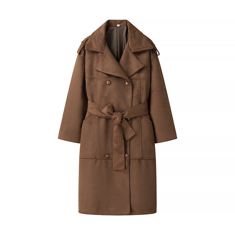 Damen nan taillierter veganer Trenchcoat mit Schalkragen, Bindegürtel und Schulterriegeln Drune