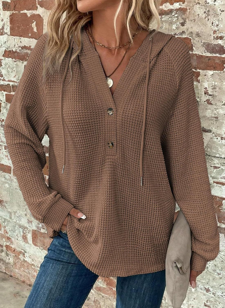 Damen gemütlicher Strickpullover mit Kapuze und Knopfleiste Drune