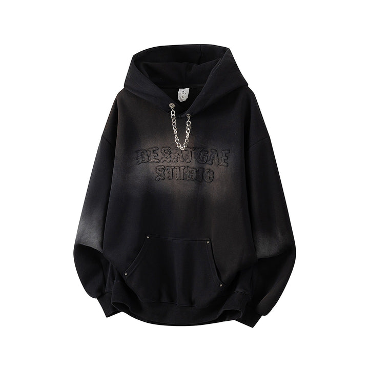 Unisex Oversize Kapuzenpullover mit handschriftlichem Grafik-Print, Kängurutasche & geripptem Saum Drune