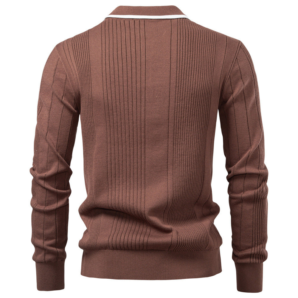Herren nan langärmeliger Polopullover aus Feinstrick mit vertikalen Rippenintarsien und Kontrastkanten Drune
