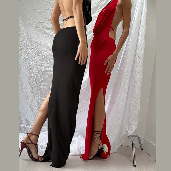 Damen Elegantes Maxikleid mit tiefem V-Ausschnitt und seitlichen Cut-Outs Drune