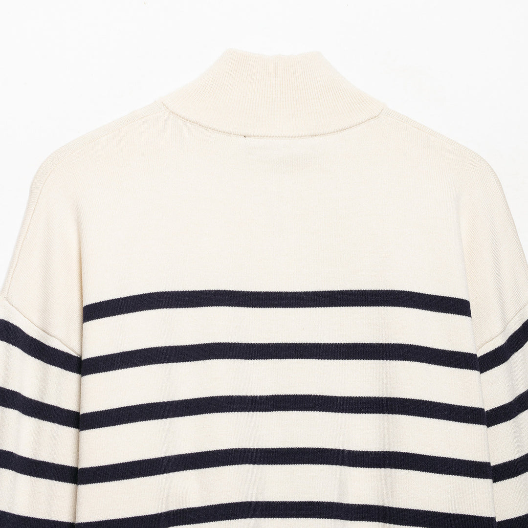 Damen Gestreifter Half-Zip Strickpullover mit Stehkragen Drune