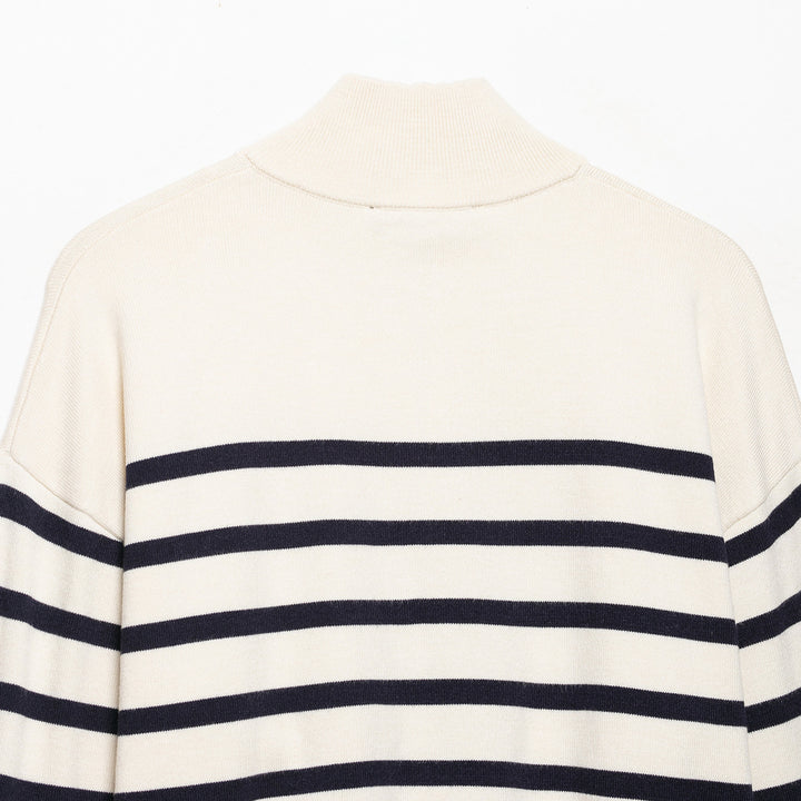 Damen Gestreifter Half-Zip Strickpullover mit Stehkragen Drune