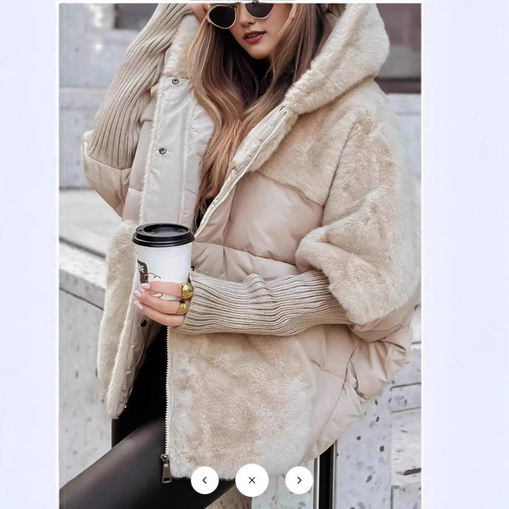 Damen nan oversized gesteppte Winterjacke mit Kunstfellpanelen, Kapuze und integrierten Rippenärmel-Details Drune
