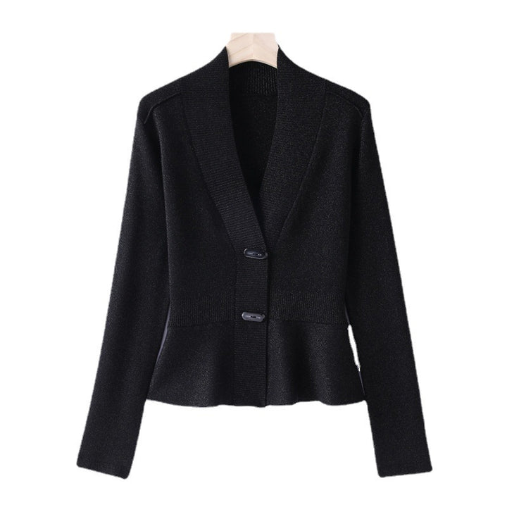 Damen Feiner Strickcardigan mit Schalkragen, taillenbetontem Peplum und Zierknopfleiste Drune
