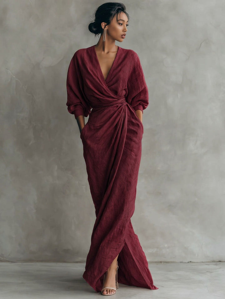 Damen Wickel-Maxikleid aus Leinenmix mit tiefem V-Ausschnitt und Ballonärmeln Drune
