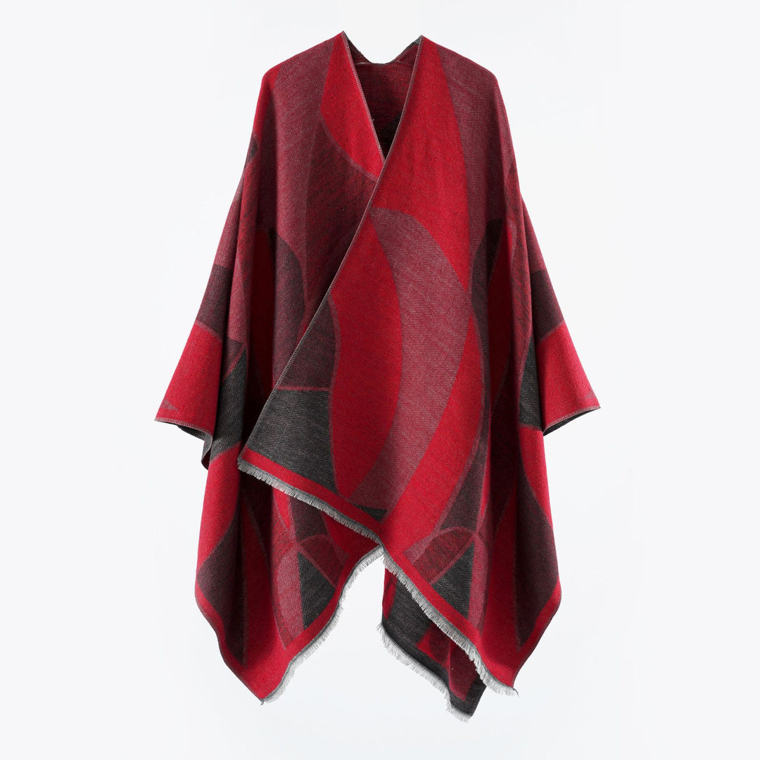 Damen Oversize-Poncho mit V-Ausschnitt und geometrischem Jacquard-Design Drune