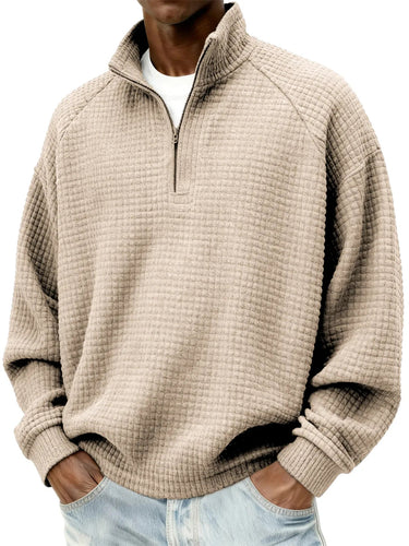 Herren Waffelstrick-Oversize-Pullover mit Halbreißverschluss und Stehkragen Drune