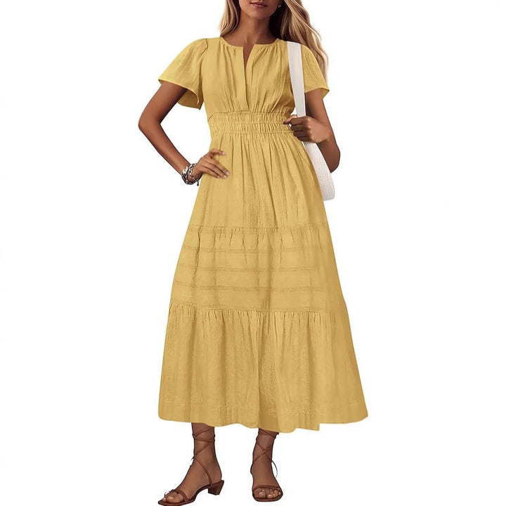 Damen langes Sommerkleid mit elastischem Taillenbund und raffiniertem Faltenwurf Drune