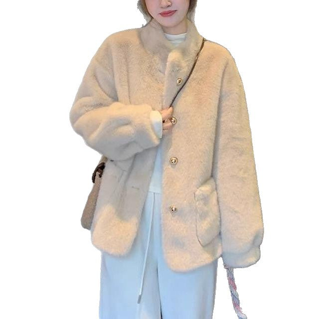 Damen Flauschige Jacke mit goldenen Knöpfen Drune