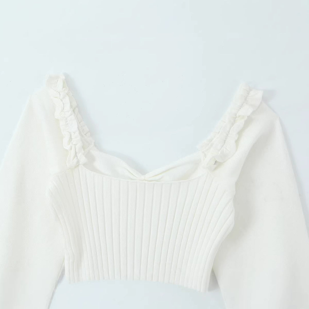 Damen Cropped-Feinstrickpullover mit taillierter Rippenstruktur, V-Ausschnitt, Rüschenbesatz und Ballonärmeln Drune