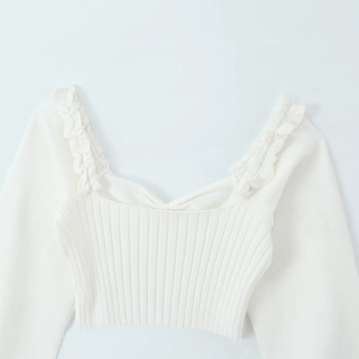 Damen Cropped-Feinstrickpullover mit taillierter Rippenstruktur, V-Ausschnitt, Rüschenbesatz und Ballonärmeln Drune