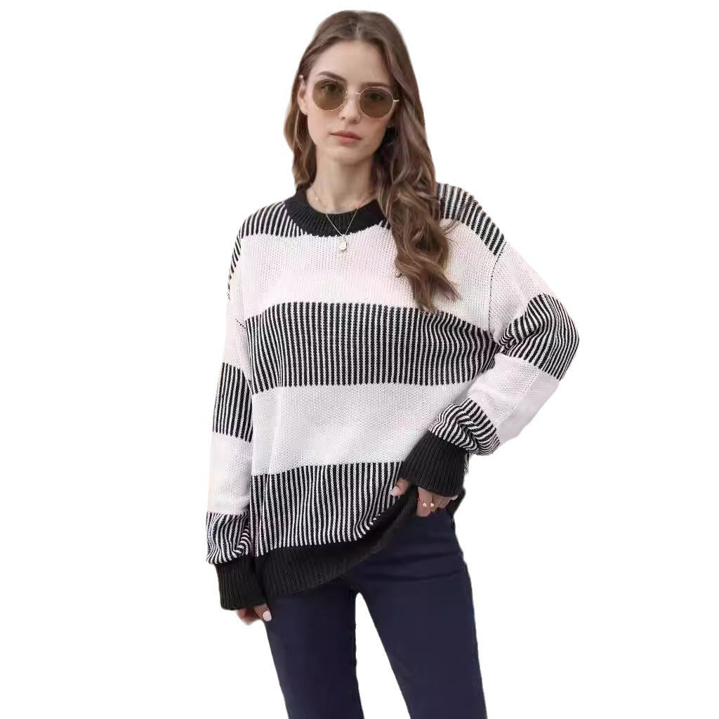 Damen lässiger Strickpullover mit breiten Streifen und weitem Schnitt Drune