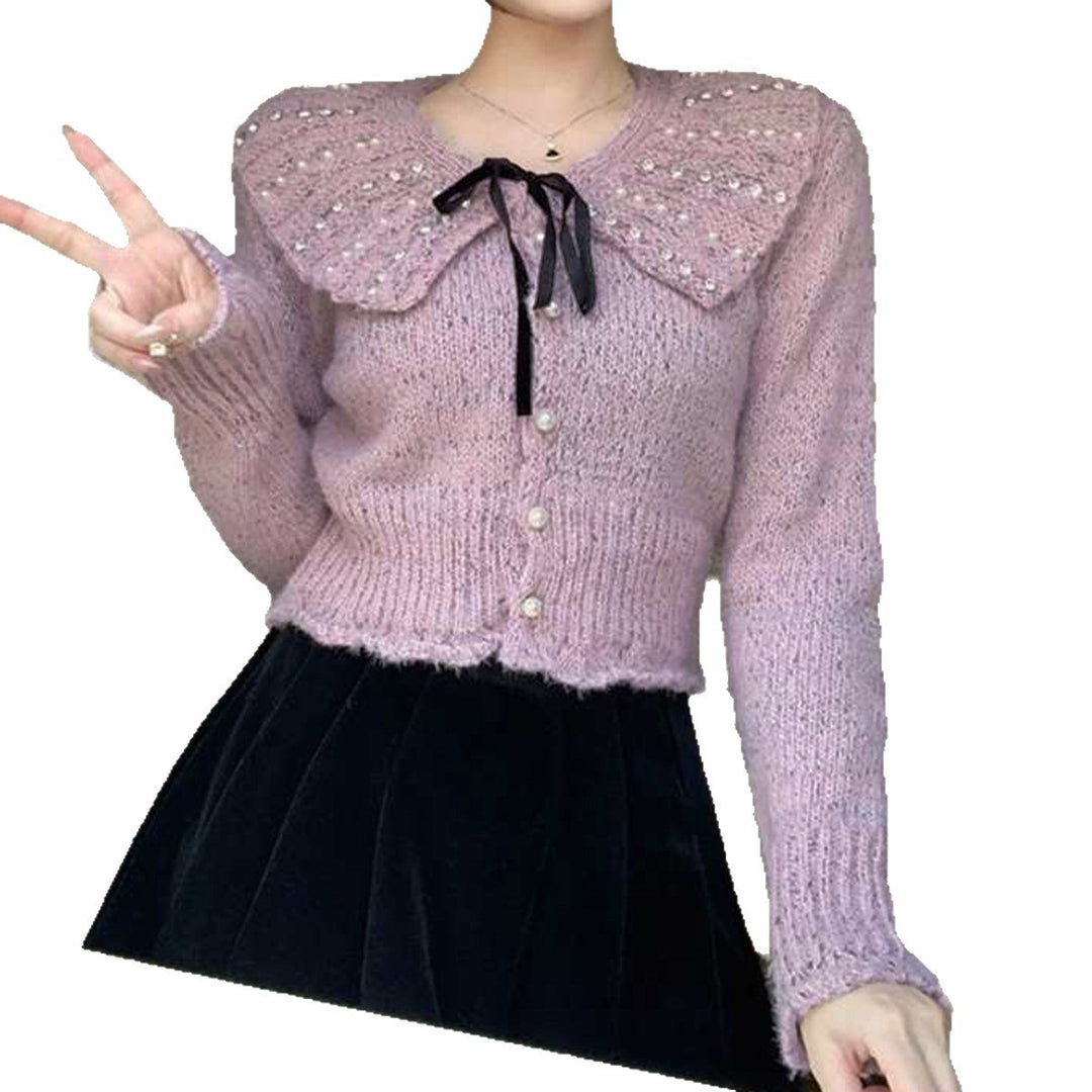 Damen Elegantes Strickoberteil mit Rüschenkragen und dekorativen Perlen Drune