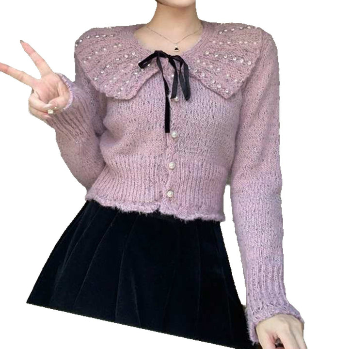 Damen Elegantes Strickoberteil mit Rüschenkragen und dekorativen Perlen Drune