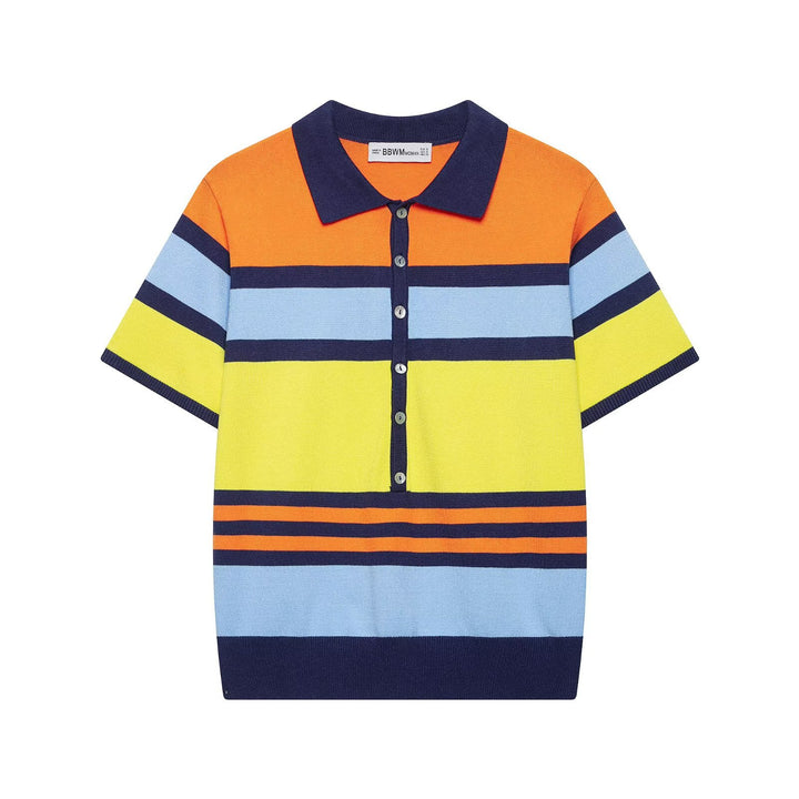 Damen Kurzärmeliges gestreiftes Feinstrick-Poloshirt mit durchgehender Knopfleiste Drune