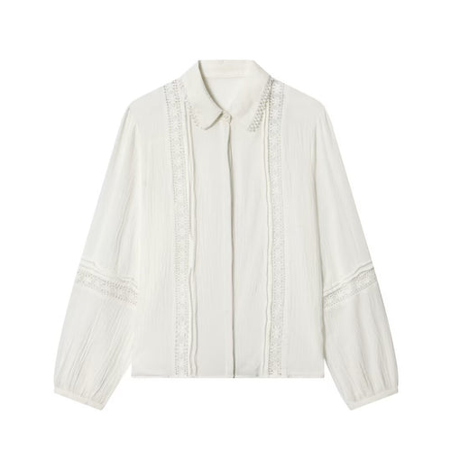 Damen Elegante Baumwollmisch‑Bluse mit Spitzenpasse, verdeckter Knopfleiste und weiten Ballonärmeln Drune
