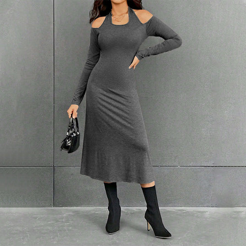 Damen figurbetontes Midikleid mit Neckholder, Cut-Out-Schultern und taillierter Jersey-Silhouette Drune