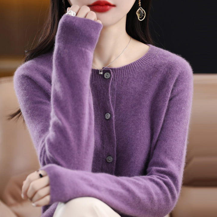 Damen Kurzgeschnittener Feinstrick-Cardigan mit Rundhalsausschnitt und schimmernder Knopfleiste Drune