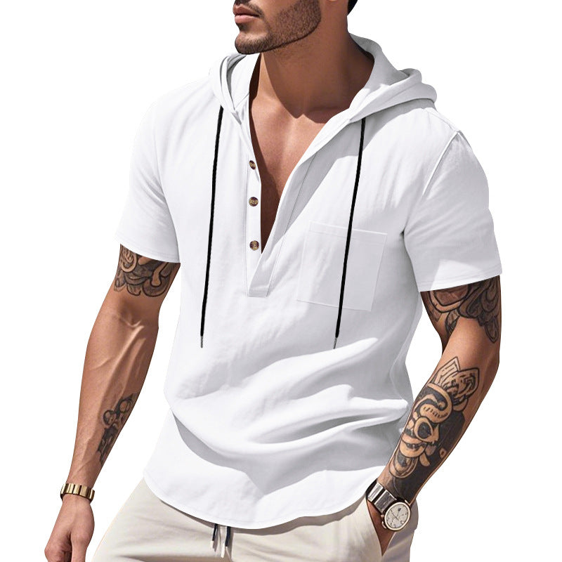 Herren nan legere Kurzarm-Kapuzen-Henley aus Single-Jersey mit Brusttasche und Kontrastkordel Drune
