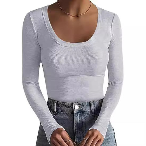 Damen Schmal geschnittenes Langarm-Feinstricktop mit weitem U-Ausschnitt Drune