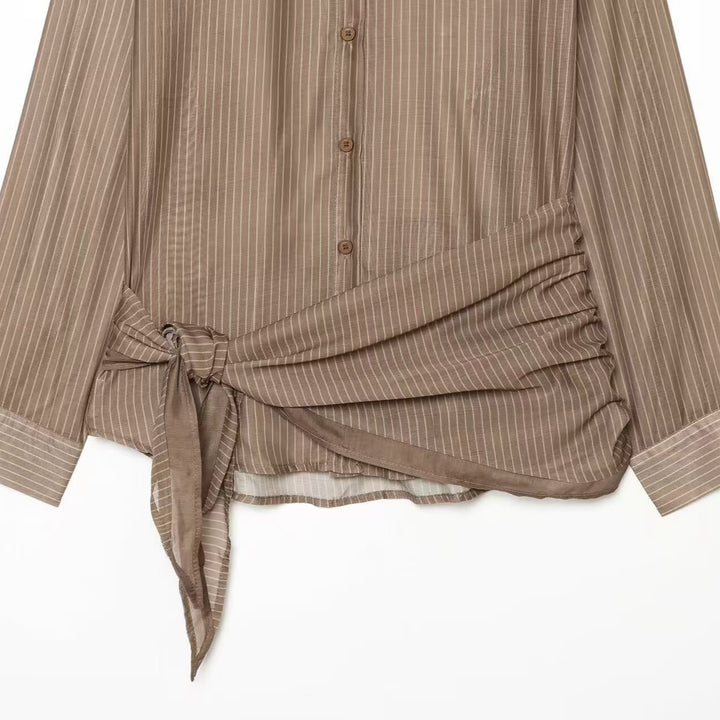Damen Nadelstreifen-Seidenoptik-Bluse mit seitlicher Knotendetail Drune