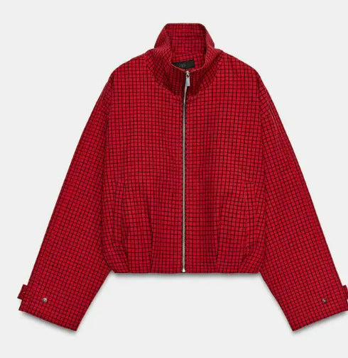 Damen Cropped Blousonjacke aus Webstoff mit Stehkragen, elastischem Saum und feinem Karo‑Design Drune
