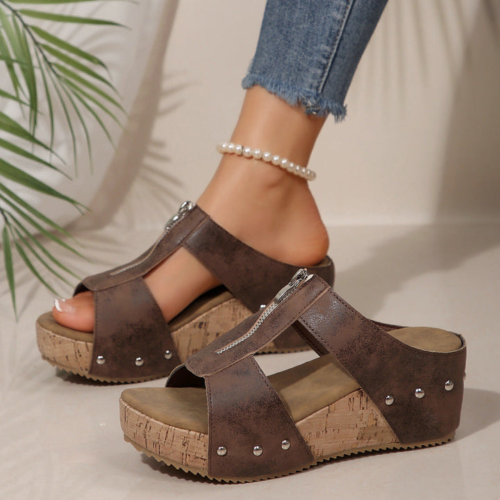 Damen Komfortable Keil-Sandalen mit Reißverschluss und Ziersteinchen Drune