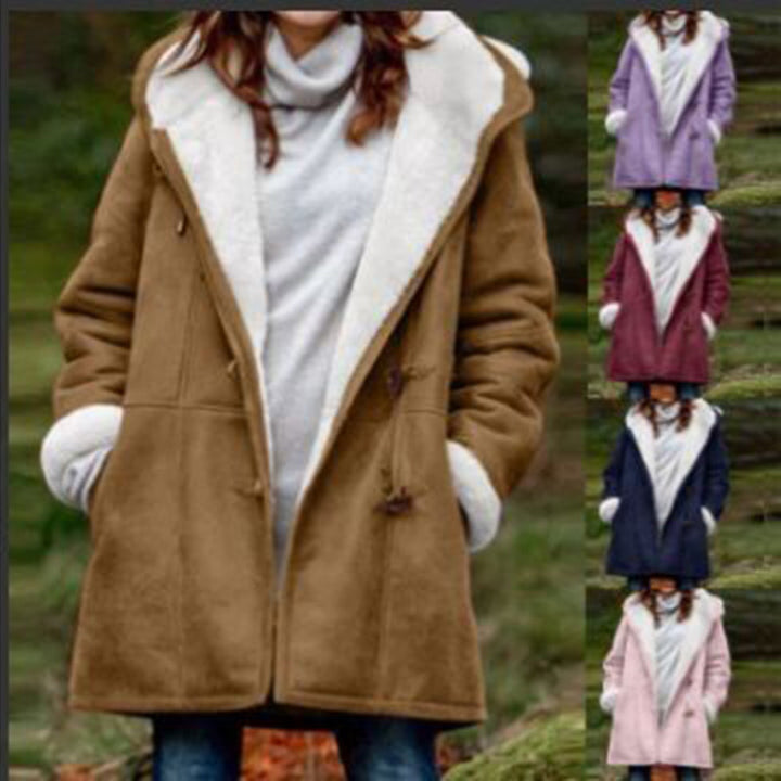 Damen Kapuzen-Dufflecoat mit Kunstfellbesatz und KnDruneelverschlüssen Drune