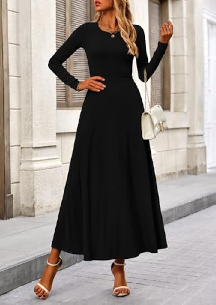 Damen Langärmeliges Maxikleid mit tailliertem Oberteil und fließendem A-Linien-Rock Drune