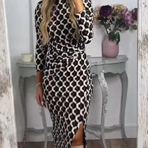 Damen Figurbetontes Midi-Kleid mit geometrischem Wabenmuster, Stehkragen und Seitenschlitz Drune