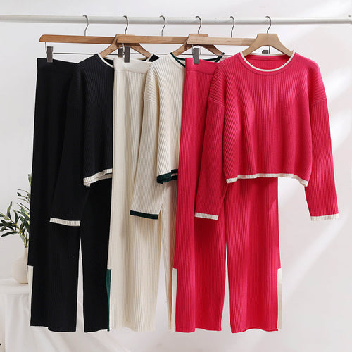 Damen lässiges Strickensemble mit hohem Bund und kontrastierenden Bündchen Drune
