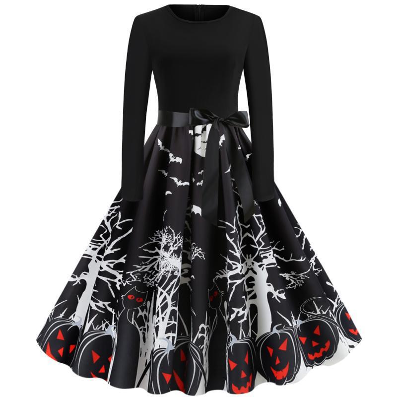 Damen Vintage-inspiriertes Swingkleid mit Halloween-Motiv, taillierter Satinschärpe und langen Ärmeln Drune