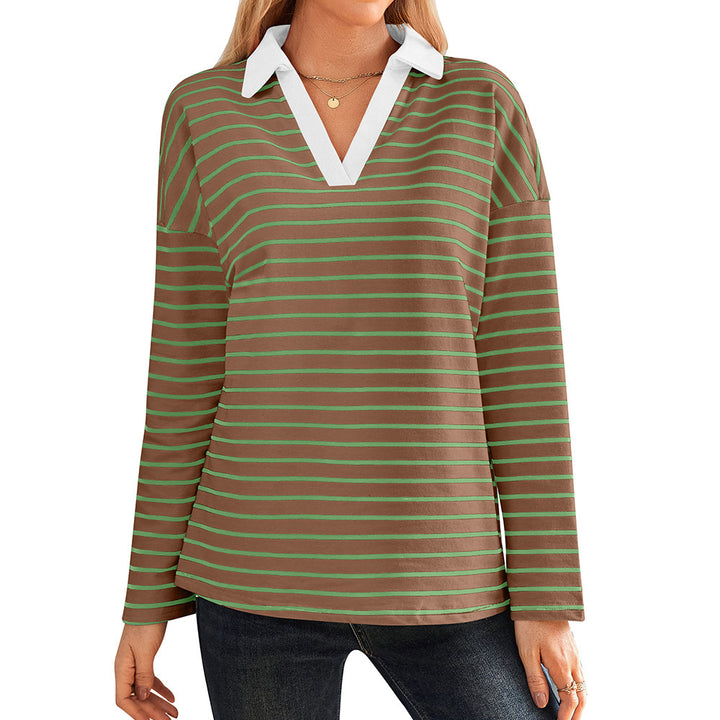 Damen gestreiftes Polo-Shirt mit V-Ausschnitt und kontrastierendem Kragen Drune