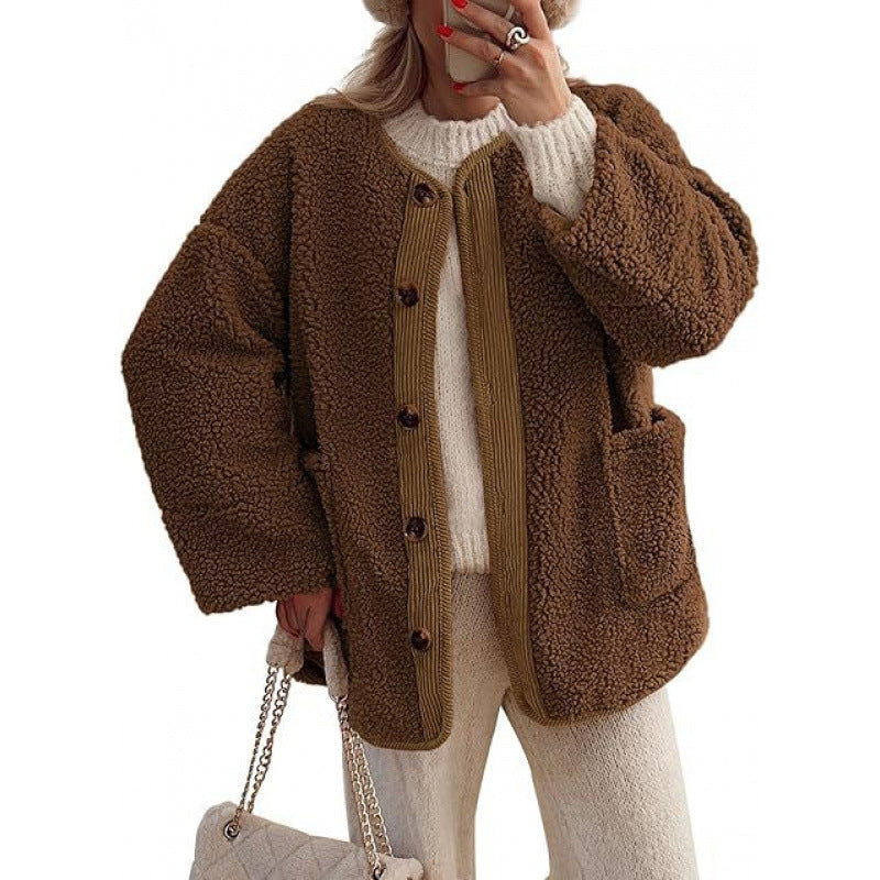 Damen Kuschelige Teddyjacke mit Knopfverschluss und aufgesetzten Taschen Drune