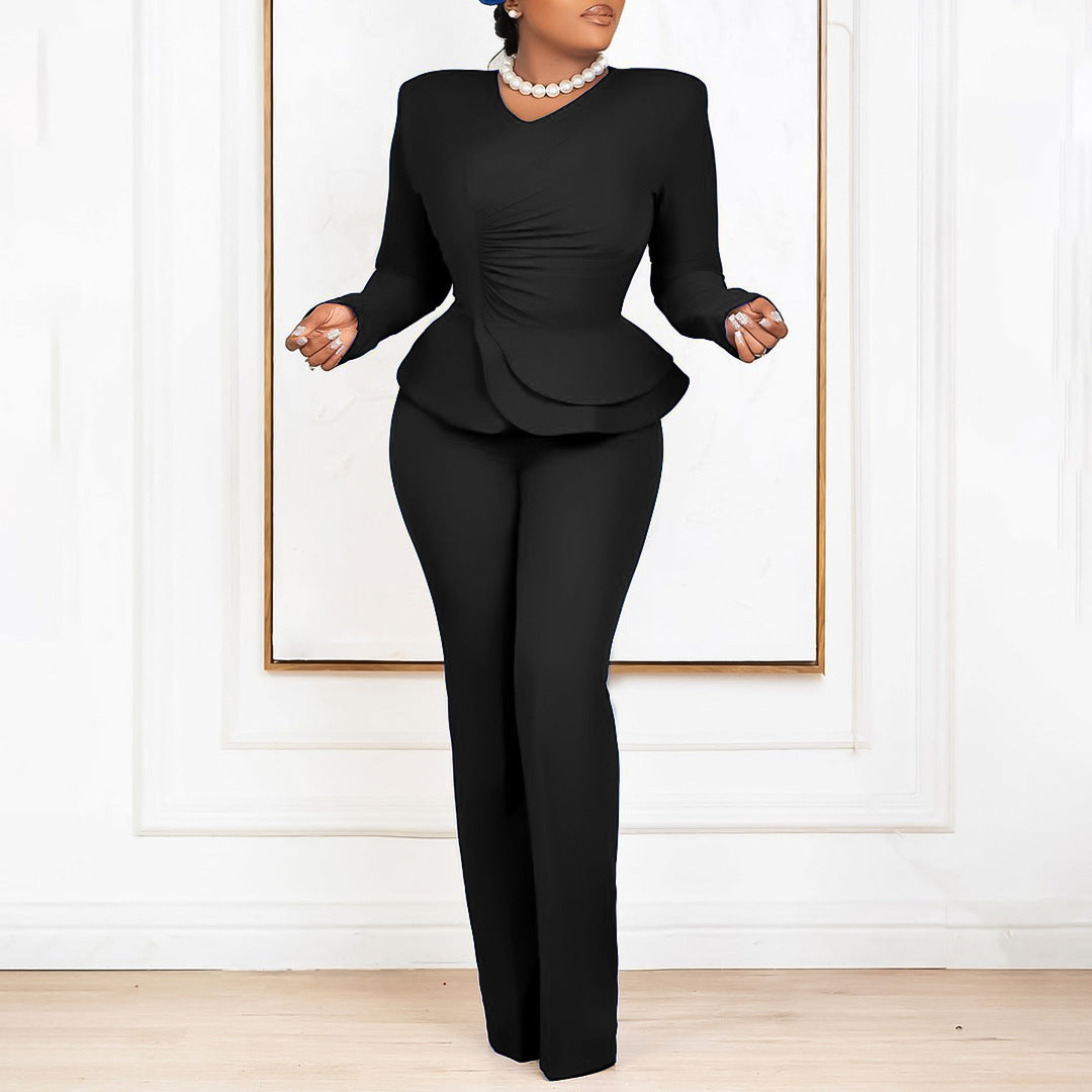 Damen eleganter Jumpsuit mit peplum Schnitt und langen Ärmeln Drune