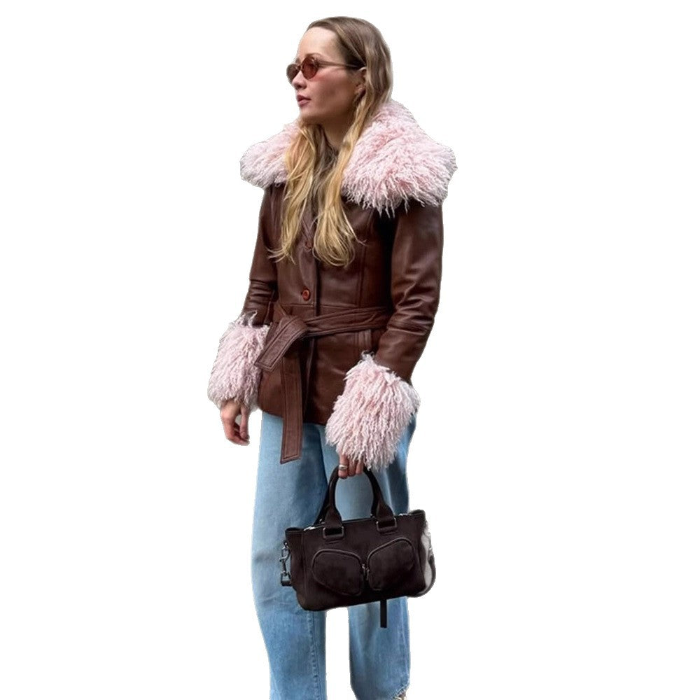Damen Taillierte Lederimitatjacke mit Bindegürtel, opulentem abnehmbarem Faux-Fur-Schalkragen und Fellmanschetten Drune