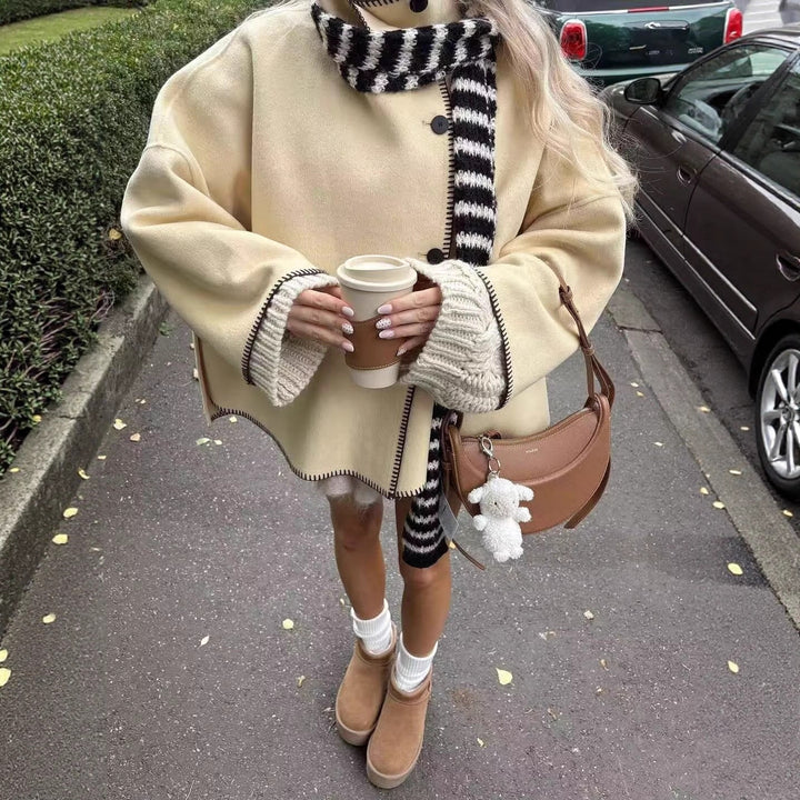 Damen Kurzer kastiger Mantel‑Cape mit Stehkragen und Kontrast‑Ziernaht Drune