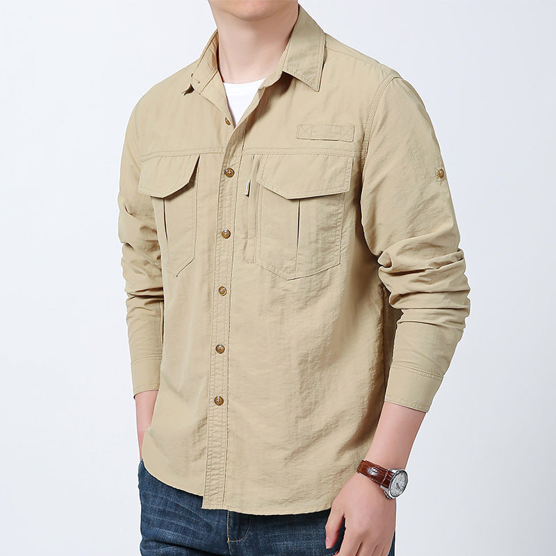 Herren nan langärmeliges Fieldshirt aus leichtem Ripstop mit multifunktionalen Brusttaschen und verdecktem Reißverschluss Drune