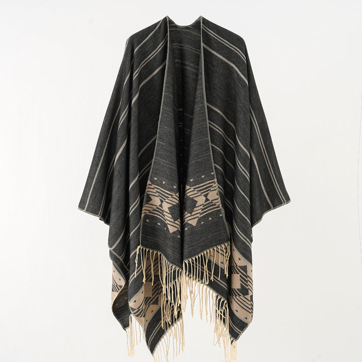 Damen Wollmix-Ruana im grafischen Ethno-Jacquard mit Fransensaum Drune
